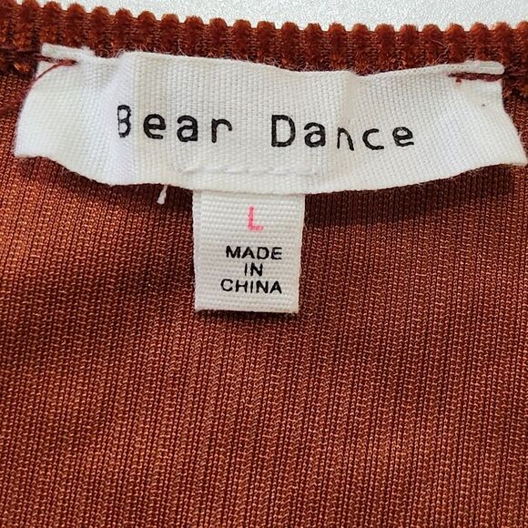 Bear Dance Ribbed Velvet Bodycon Mini Dress Rust Long Sleeve Women's Large Y2K - Picture 6 of 10